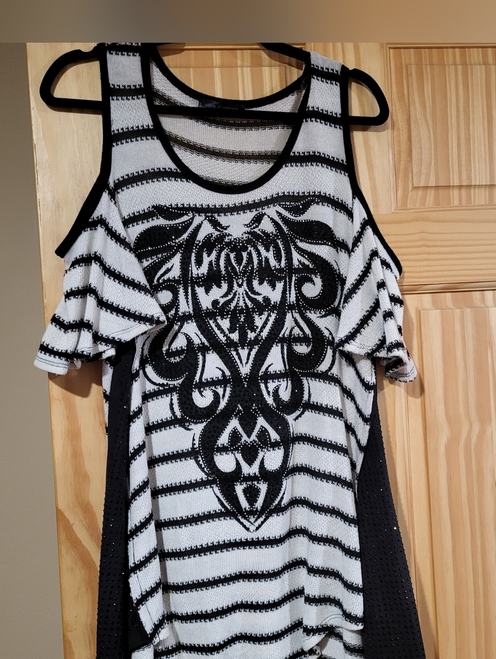 Black & White Cold-Shoulder Striped Tank Top with Embellished Front